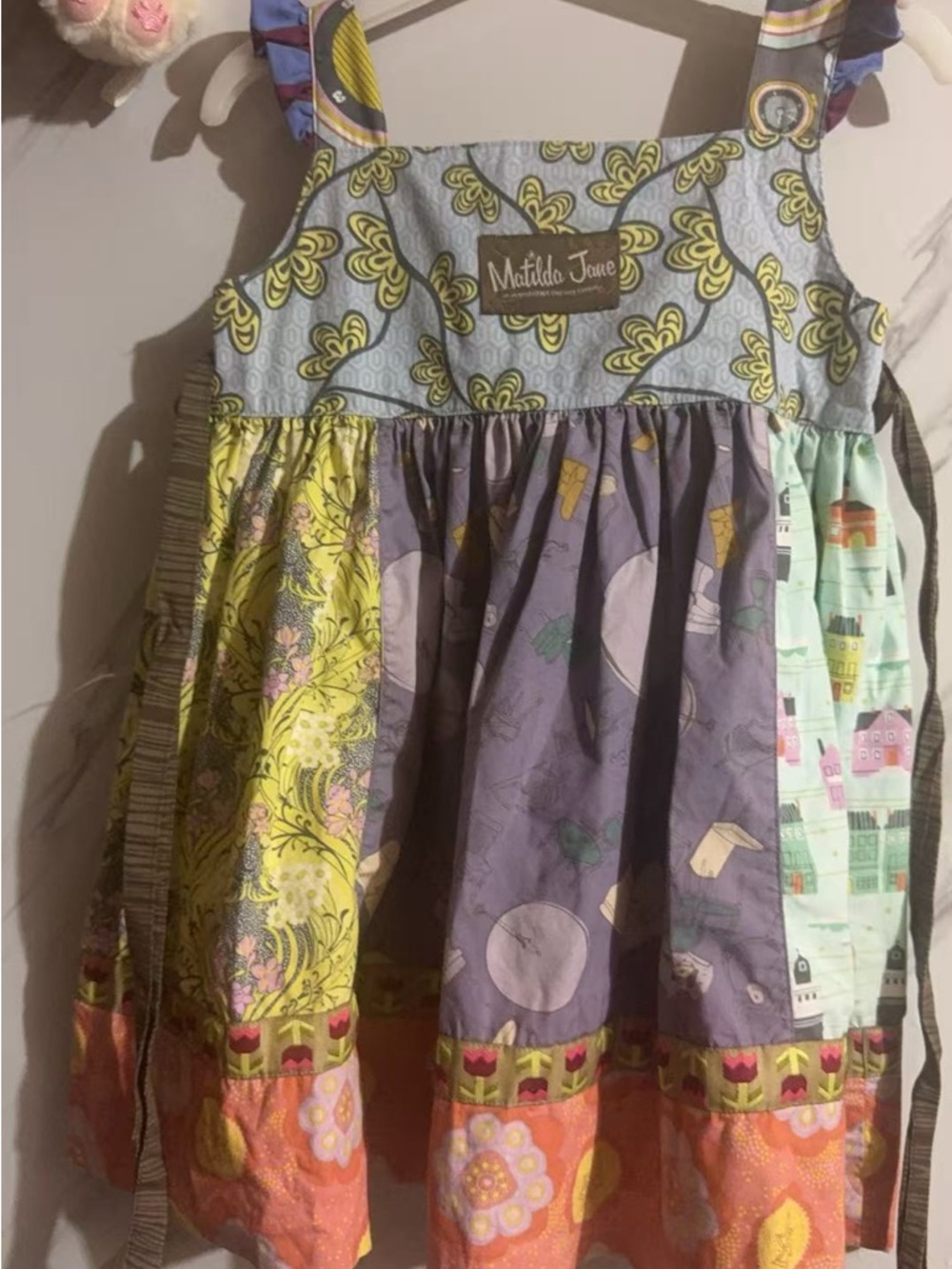 Matilda Jane Girls' Patchwork smock Sundress in Yellow, Purple & Mint top